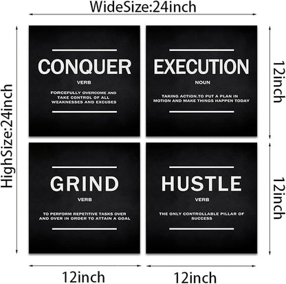 KAWAHONE Grind Hustle Execution Quotes Framed Wall Art,Success Canvas Print Office Decor Inspiring Framed Prints Inspirational Quotes for Wall Art Decoration Ready to Hang(4pcs)