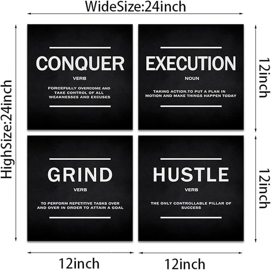 KAWAHONE Grind Hustle Execution Quotes Framed Wall Art,Success Canvas Print Office Decor Inspiring Framed Prints Inspirational Quotes for Wall Art Decoration Ready to Hang(4pcs)