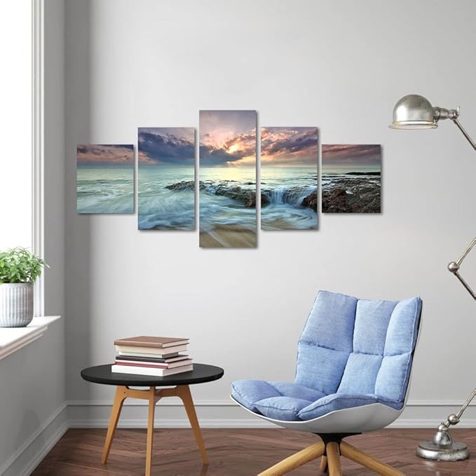 Romantic Beach Landscape Painting on Canvas 5 Piece Set Combination Posters and Prints Modern Pictures Wall Art for Living Room Home Decor Gallery-wrapped Framed (50''W x 24''H)