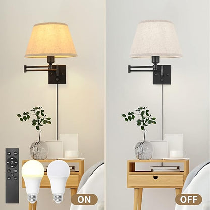 TRLIFE Wall Sconce Plug in, Remote Control Dimming 10-100% and Adjustable Color Temperature 2700K-6500K Swing Arm Wall Lights with Plug in Cord, 11.8" Large Beige Fabric Shade(2 Pack, 2 Bulbs)