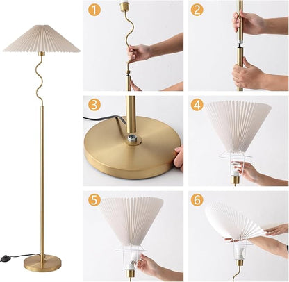 Modern Floor Lamp with 3 Color Temperatures, Foot Switch Standing Lamps for Living Room,Tall LED Standing Lamps for Living Room, Bedroom, Office, Beige Pleated Shade, 9W Bulb Included, Gold