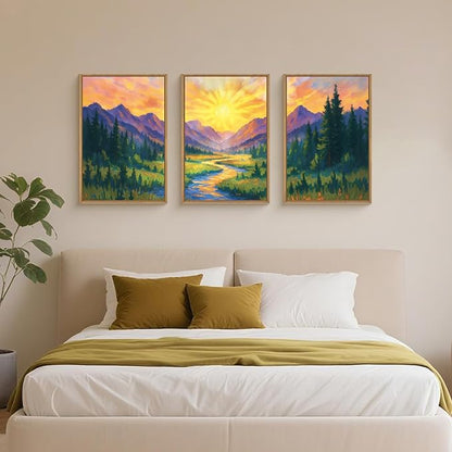 HPNIUB Boho Sunrise Mountain Framed Wall Art Set,Colorful Nature Wilderness Wall Decor,Abstract Landscape Art Print,Sunset Pine Tree Artwork for Living Room, Bedroom,Dining Room,Office-24 x36 x3