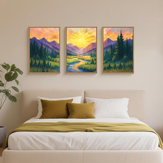 HPNIUB Boho Sunrise Mountain Framed Wall Art Set,Colorful Nature Wilderness Wall Decor,Abstract Landscape Art Print,Sunset Pine Tree Artwork for Living Room, Bedroom,Dining Room,Office-16''x24''x3