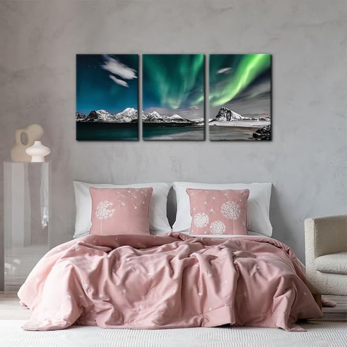 Pacimo Canvas Wall Art Aurora Scenery Painting on Canvas for Living Room Decoration Natural Landscape Canvas Painting for Bedroom Home Office Decor Stretched Framed Ready to Hang - 20"x28"x3 Panels