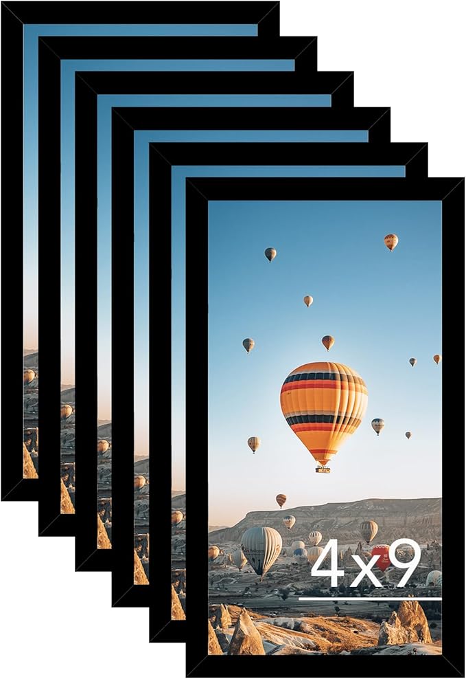 JCJMY 4x9 Black Picture Frame Set of 6, Horizontal and Vertical Formats for Wall Hanging, 4 x 9 Wall Gallery Poster Photo Frames with Shatter Resistant Plexiglass, 6 Pack, Black