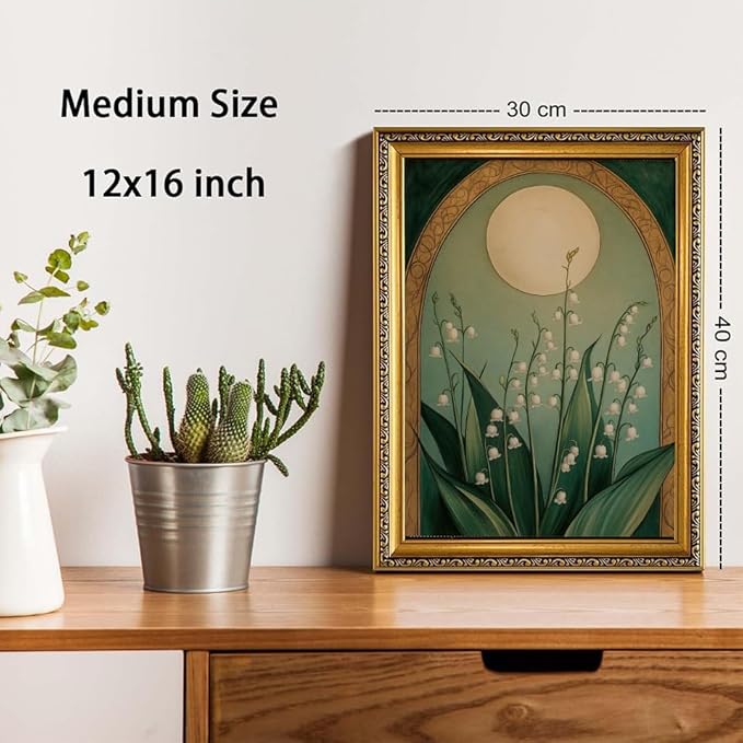 WZGZXU Vintage Gold Framed Wall Art Nouveau Botanical Wall Decor Lily Of The Valley Canvas Art Boho Pictures Floral And Moon Painting Moody Flowers Prints For Living Room Bedroom Bathroom