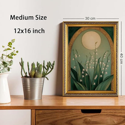 WZGZXU Vintage Gold Framed Wall Art Nouveau Botanical Wall Decor Lily Of The Valley Canvas Art Boho Pictures Floral And Moon Painting Moody Flowers Prints For Living Room Bedroom Bathroom