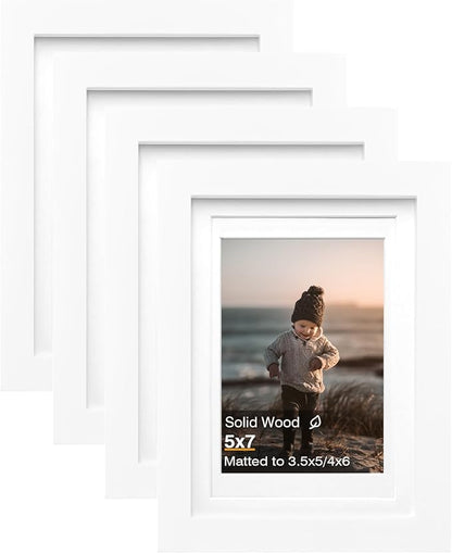 KINLINK 5x7 Picture Frame White, Solid Wood Frames with Acrylic Plexiglass for Pictures 4x6 With Mat or 5x7 Without Mat,Tabletop and Wall Display Photo Frame Set of 4