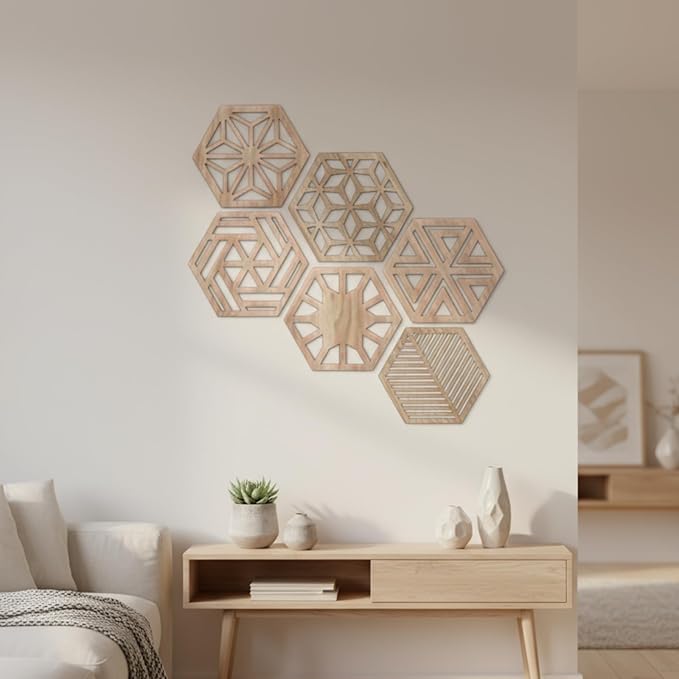 Ripeng 6 Pcs Honey Comb Decorations 11.8 Inch Hexagon Wall Decor Farmhouse Wood Earthy Hexagon Wall Panels Modern Hollow Carved Design Rustic Abstract Decor for Living Room Kitchen(6 Style)