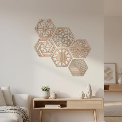Ripeng 6 Pcs Honey Comb Decorations 11.8 Inch Hexagon Wall Decor Farmhouse Wood Earthy Hexagon Wall Panels Modern Hollow Carved Design Rustic Abstract Decor for Living Room Kitchen(6 Style)