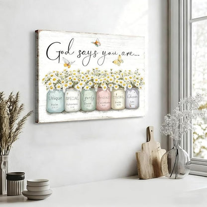 Inspirational Bible Verse Wall Art God Says You Are Sayings Wall Decort Christian Gift Quotes Painting scripture Pictures Print Flowers in Mason Jar Poster for Women Girls Bedroom(16x12 Canvas)