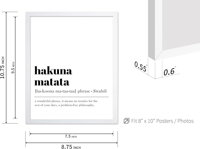 Poster Master Typography Poster - Dictionary Print - Hakuna Matata Definition, Wonderful Phrase, No Worries, Funny, Motivational - Gift for Kids, Friend - Wall Decor for Home, 8x10 White Framed