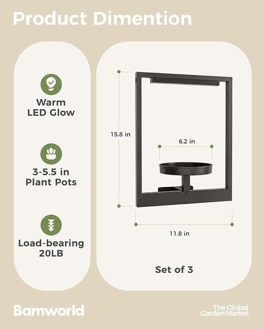 Bamworld Hanging Planters for Indoor Plants Wall Decor Outdoor Living Room Plant Stand Indoor Wall Planters Plant Hanger Window Plant Shelves 3-Packs with Magnetic Lights