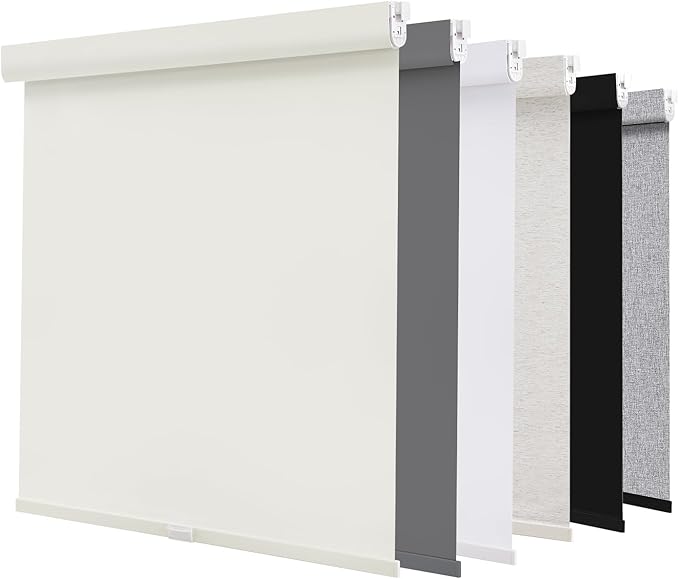 AOSKY No Drill Cordless Blackout Roller Shades with Valance,Customize Blinds for Indoor Windows,Room Darkening Window Shades Pull Down with Free-Stop Spring System, UV Protection for Home Ivory