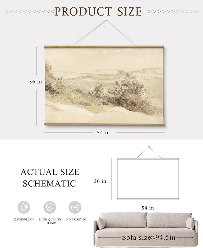 InSimSea 36x54 Extra Large Canvas Scroll Wall Art, Vintage Mountain Hill Landscape Painting Prints, Farmhouse Oversized Wall Decor for Living Room, Bedroom, Dining Room, Office
