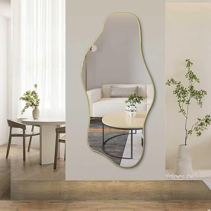 Large Irregular Mirror, 59"x25.5" Asymmetrical Frameless Mirrors, Gold Organic Shape Wall Mirrors for Living Room Bedroom Hallway Entryway, Horizontal or Vertical Hanging