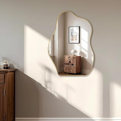 BOMINICA Irregular Wall Mirror Asymmetrical Mirror, Decorative Wall Mirror Golden Wood Framed, Wall Mounted Mirror for Bathroom Living Room Entryway Bedroom Hallway (Gold, 20" x 28")