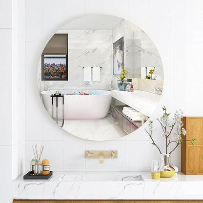 12 inch Glass Round Mirror with Adhesive Tapes, Frameless Wall Mounted Circle Mirror for Wall Door Home Bathroom Bedroom Living Room Decor