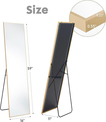 DUMOS 16"x59" Full Length Mirror with Stand, Floor Standing Aluminum Frame, Shatter-Proof Nano Glass for Bedroom, Living Room, Cloakroom – Modern Simple Home Decor,Can Be Hanging or Leaning, Gold