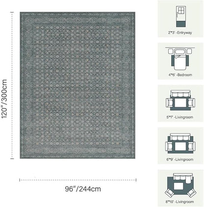 8x10 Washable Area Rug for Living Room, Extra Large Vintage Boho Rugs for Dining Room, Kids Room, Farmhouse, Durable Low Pile Non Slip Carpet for High Traffic Areas, Soft Blue