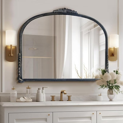 OUSHUAI Black Vintage Wall Mirror,Antique Wide Mirror Decor,Arched Big Mirror for Entryway/Bathroom/Fireplace 37"X29"