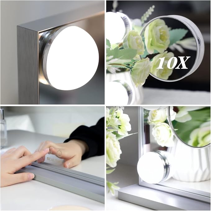 ANYHI Vanity Mirror with Light, Large Hollywood Lighted Makeup Mirror 14 Dimmable LED Bulbs, Smart Touch Control, Tabletop or Wall-Mounted, Detachable 10x Magnification, 24.4" x 20.2" (Silver)