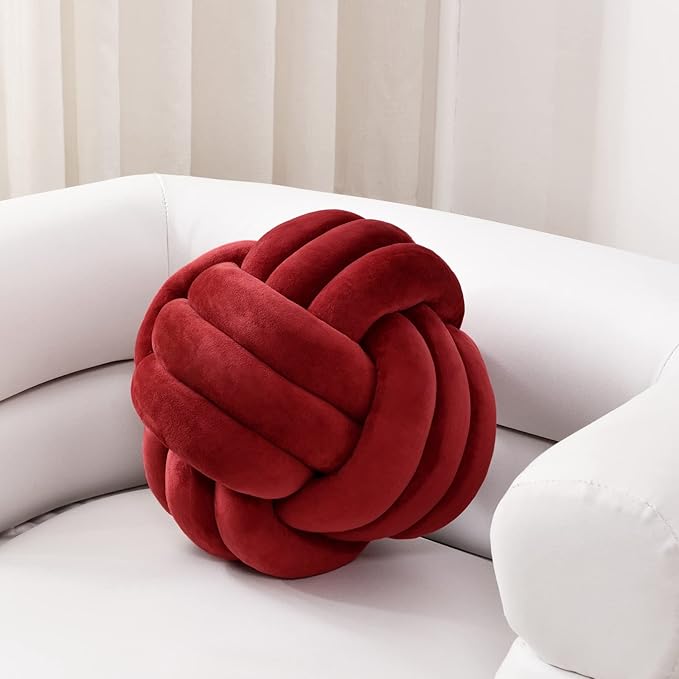 Sioloc Soft Knot Ball Pillows,Round Throw Pillow Cushion Home Decoration Plush Pillow,Throw Knotted Pillow Handmade Round Plush Pillow（7.8inches,Burgundy）