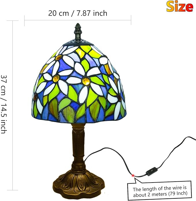 Tiffany Style Table Lamp, 3 Color Temperatures Bedside Lamp, 8 Inch Stained Glass Desk Light for Home Office Bedroom Living Room (White Petal Pattern)