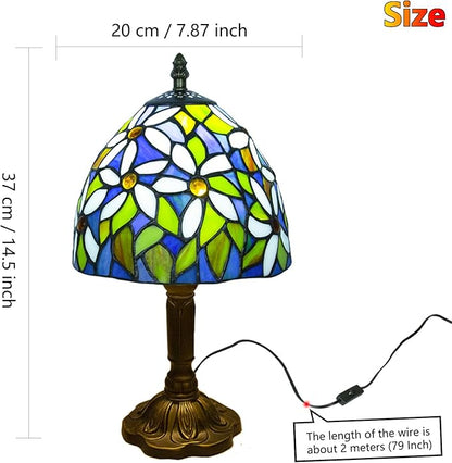 Tiffany Style Table Lamp, 3 Color Temperatures Bedside Lamp, 8 Inch Stained Glass Desk Light for Home Office Bedroom Living Room (White Petal Pattern)