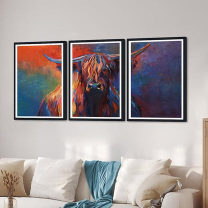 Abstract Highland Cow Framed Canvas Wall Art Colorful Cow Portrait Picture Wall Decor for Farmhouse Animals Print Artwork for Country House Office Nursery Decoration Easy to Hand 16x24inchx3pcs