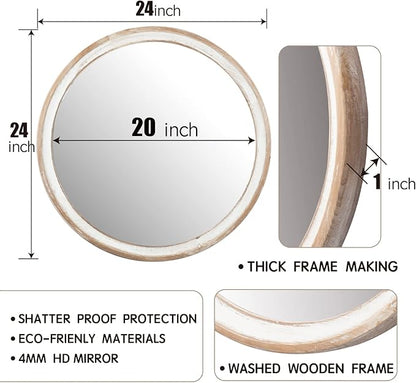 Reflinto 24 Inch Rustic Farmhouse Round Wall Mirror for Home Decor, Washwhite Wooden Circle Decorative Mirrors for Bathroom Over Sink, Bedroom, Entryway, Living Room, Kithen, Office