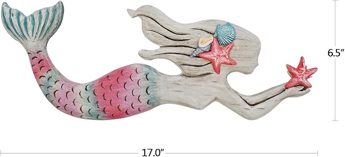 Veclotch Wood Mermaid Nautical Beach Wall Decor, Rustic Mermaid Wooden Hanging Coastal Wall Art Sculpture for Home, Lake House, Ocean Bathroom Decor, White,pink,aqua
