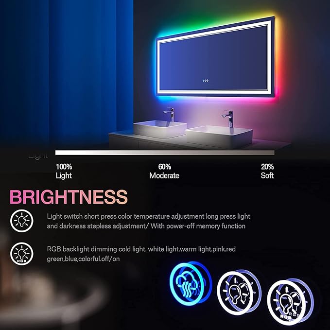 36x36 inch Lighted Bathroom Mirror for Wall,Front Lighted and RGB Backlit LED Bathroom Mirror with Lights,Tempered Glass/Dimmable/Anti-Fog/Square Mirror