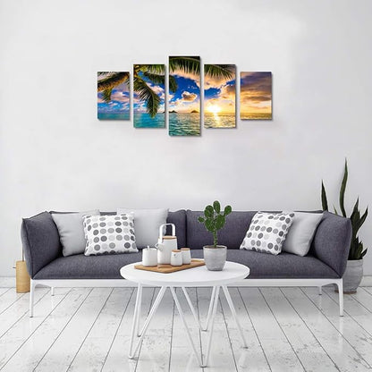 EPHANY Modern 5 Piece Framed Giclee Canvas Prints Art - Blue Beach Landscape Blue Paintings on Canvas Wall Art Wall Art Canvas Print Frame Picture Painting for Room Home Decorations