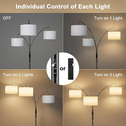 SIBRILLE 36W Dimmable Floor Lamp - 3 Lights Arc Floor Lamps Standing Lamp with Remote & Touch Control, Tall Lamp for Living Room Corner, Bedroom, Office