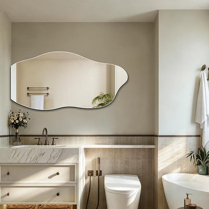 Niccy 48"×24" Frameless Wavy Full Length Mirrors, Long Wall-Mounted Mirror for Living Room, Large Full Body Floor Mirror, Explosion-Proof Tall Hanging-Mirror for Bathroom Bedroom Entryway Decor
