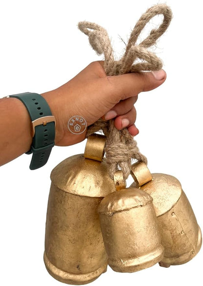 Vintage Metal Harmony Bells, Rustic Farmhouse Door Hanging Cow Bells, Gold Shabby Chic Christmas Decor, Bells for Christmas Wreath, Set of 3 with Jute Rope