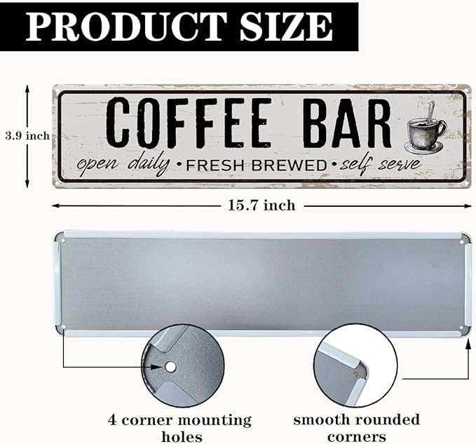 Coffee Bar Open Daily Sign, Retro Metal Tin Sign, Rustic Farmhouse Wall Decor, Coffee Bar Signs for Wall, Vintage Home Decor for Kitchen, Coffees Station Decors, Cafe Decors, 15.8x4 Inches