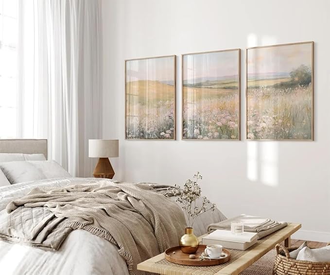 3Pcs Floral Landscape Canvas Wall Art French Country Painting Picture Wall Decor Vintage Country Wildflower Print Farmhouse Poster Artwork for Office Living Room Bedroom Home Decoration Unframed