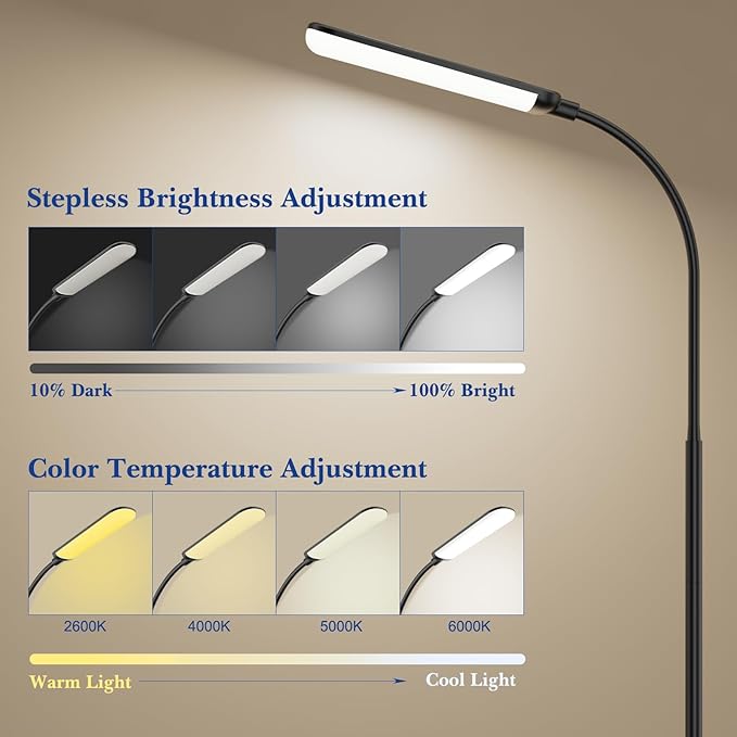 Floor Lamp, LED Floor Lamp with Remote Control Foot Switch for Living Room, Stepless Adjustable Colour Temperature Brightness Standing Lamp with Timer, Eye Caring Tall Lamp Reading for Bedroom,office