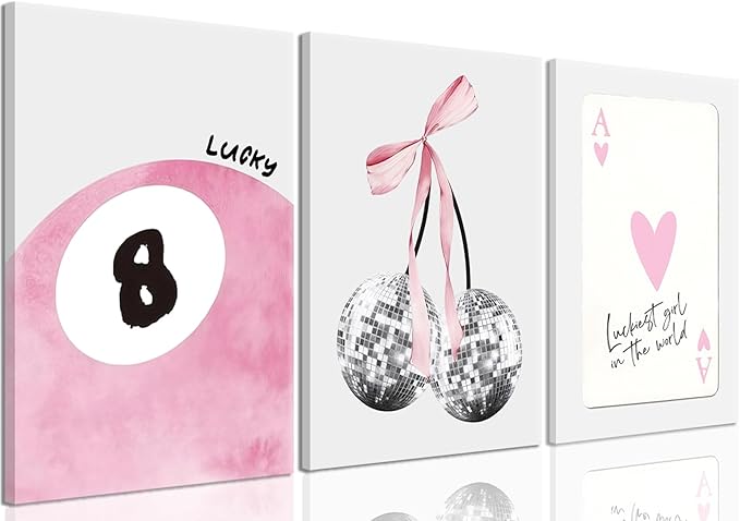 JBZZD Pink Coquette Canvas Wall Art Set of 3 Trendy Preppy Disco 8 Ball Cherry Wall Decor Posters Room Decor Prints Pictures for College Apartment Girls Bedroom Living Room Framed 16x24 In