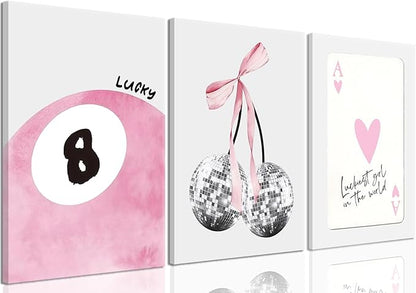 JBZZD Pink Coquette Canvas Wall Art Set of 3 Trendy Preppy Disco 8 Ball Cherry Wall Decor Posters Room Decor Prints Pictures for College Apartment Girls Bedroom Living Room Framed 16x24 In