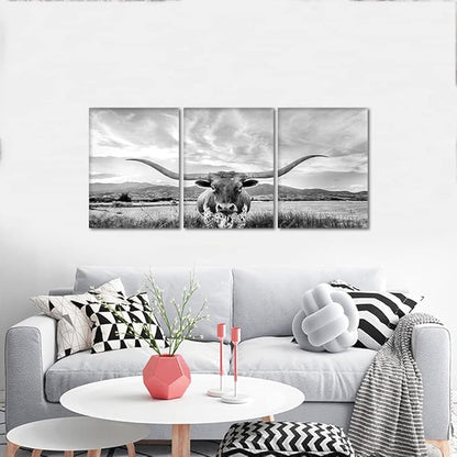 3 Panels Animal HD Painting Canvas Prints Highland Cow Wall Art Texas Longhorn Steer in Rural Utah Art Modern Wall Art Painting for Living Room Home Decor, Framed and Stretched 20" W x 28" Hx3pcs