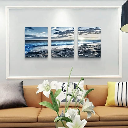 Canvas Wall Art for Living Room & Bedroom - Blue Beach Wall Pictures - Sun & Ocean Paintings - Office Wall Decoration - Seascape Poster Art Prints - Large Size - 20" X 28" - 3 Piece