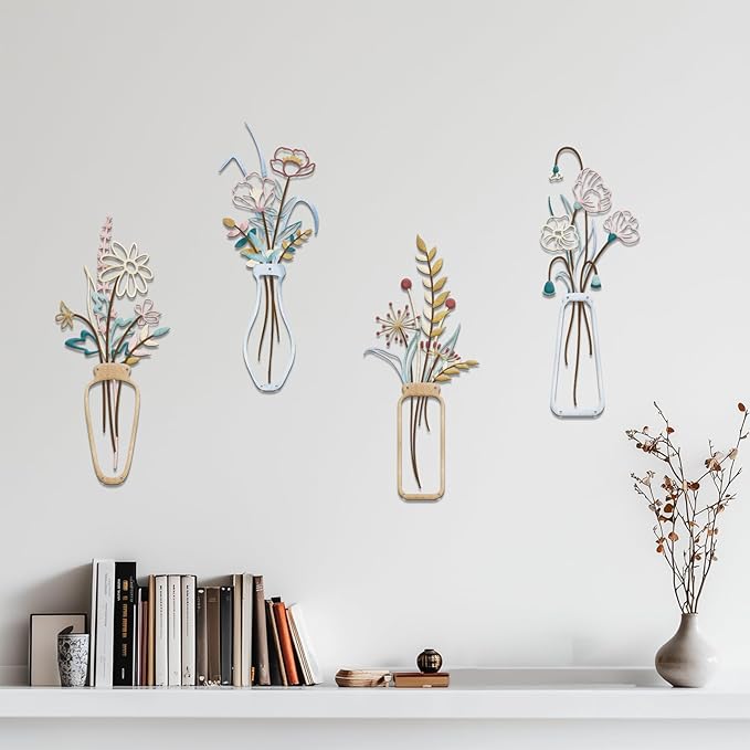 4PCS Metal Flowers Wall Arts Minimalist Flower Wall Decors Rustic Farmhouse Floral Wall Art Metal Wall Decor for Living Room Bathroom Bedroom Dining Room Housewarming Gifts (Multicolored)