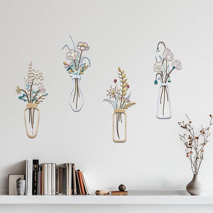 4PCS Metal Flowers Wall Arts Minimalist Flower Wall Decors Rustic Farmhouse Floral Wall Art Metal Wall Decor for Living Room Bathroom Bedroom Dining Room Housewarming Gifts (Multicolored)