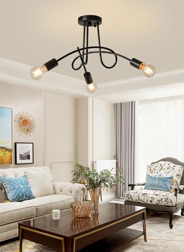 Modern Farmhouse Chandelier,22 Inch 3 Light Sputnik Semi Flush Mount Ceiling Light, Metal Black Rustic Light Fixture for Dining Room Bedroom Kitchen Hallway Entryway