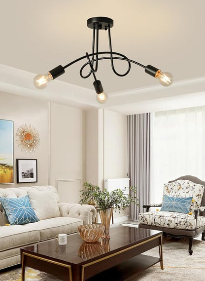 Modern Farmhouse Chandelier,22 Inch 3 Light Sputnik Semi Flush Mount Ceiling Light, Metal Black Rustic Light Fixture for Dining Room Bedroom Kitchen Hallway Entryway