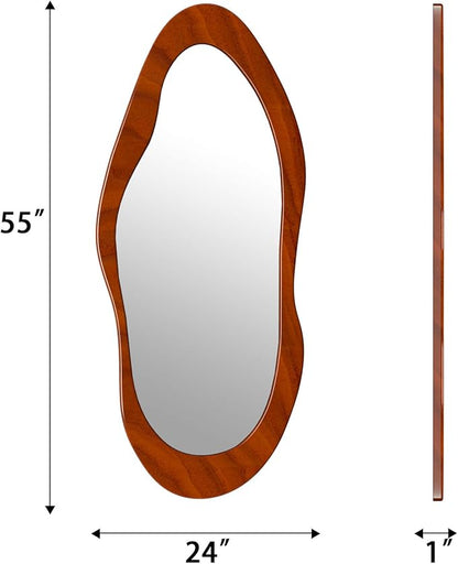 55"x 24" Irregular Wavy Full Length Mirror Brown Wooden Framed Full Body Mirror Irregular Wall Mirrors Hanging for Bedroom Living Room Cloakroom Walnut Brown Color