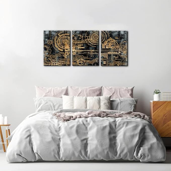 Pacimo 3 Pieces Abstract Canvas Wall Decor Electronic PC Motherboard Circuit Collage Abstract Technology Digital Art Modern Artwork Alternative Urban Shapes Framed Wall Art - 12"x16"x3 Panels